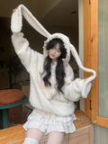 KYLETHOMASW  -  Rabbit Long Ears Hooded Lamb Wool Sweater Coat Women Winter Plush Padded Thickened Sweet Cute Loose Hoodies Tops Female