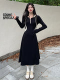 KIylethomasw Autumn Korean Version of the Fashion Medium-length Large Size Women's Long-sleeved High-waisted Slim Temperament Black Dresses