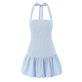 KYLETHOMASW  -  Beautiful Girl Striped Halter Dress Sexy Backless Low Waist A-line Mini Summer Dresses Party Women Robe
