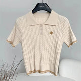 KYLETHOMASW  -  Summer Elegant Flower Embroidery Knitwear Fashion Polo Collar Short Sleeved Twists Knit T-Shirt Women Casual Slim Short Top 100A