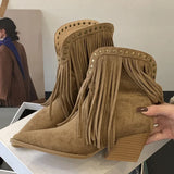 KYLETHOMASW  -  Sexy Pointed Toe Suede Women's Ankle Boots Rivet Tassel Design Chunky Heel Short Boots Retro Square Root Winter Shoe for Ladies
