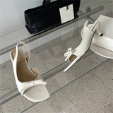 KYLETHOMASW  -  Women White Bowknot Slingback Sandals Summer Square Open Toe Low Heel PU Leather Elegant Casual Office Ladies Shoes