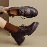 KYLETHOMASW  -  Womens Cowhide Lace Up Flat Shoes Oxford Round Toe Retro British High-Quality Soft Comfortable All Season Daily Shoes