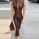 KYLETHOMASW  -  Chic Brown Crocodile Print Faux Leather Vest Sleeveless Deep V Neck Zip Front Studded Waist Punk Streetwear Fashion Tops