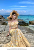KYLETHOMASW  -  French Vacation Boho Beach 2 Piece Sets Womens Print Floral Outfits Summer Corp Top and High Waist Long Skirt Two Piece Set