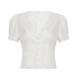 KYLETHOMASW  -  Fashion Solid Simple V-Neck Slim Fit Women Sexy Sheer Shirts Lace Spliced Button All-Match Blouses