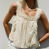 KYLETHOMASW  -  Women Chiffon Y2k Boho Ruffle Crop Tank Top Chic Drawstring Ruch Frilly Square Neck Vest Flowy Peplum Babydoll Shirt Cami Tops
