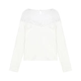 Kylethomasw White Off Shoulder Knit Sweater Women Lace Transparent Mesh Long Sleeve Crop Pullovers Fairycore Aesthetics Clothes Chic