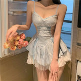 KYLETHOMASW  -  Elegant Lace Patchwork Blue Strap Dresses Summer New Slim Fit Dress for Women Y2k E-Girl High Waist Ruched Vestidos Mujer