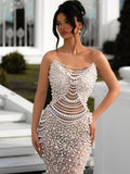 Kylethomasw Women Luxury Sexy Strapless Backless Pearl Sequins Maxi Long Beige Gowns Dress 2024 Elegant Evening Party Club Dress Vestido