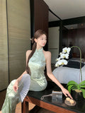 KYLETHOMASW  -  New Chinese Style 2 Piece Set Women's Summer Sleeveless Cheongsam Top Wide Leg Pants Elegant Outfit