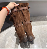 KYLETHOMASW  -  Vintage Pleated Belt Buckle Faux Suede Women Knee High Boots Autumn Winter Fashion High heels Western Cowboy Knight Boots Shoes