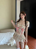 KYLETHOMASW  -  Sweet Hot Girl Retro Suit Women's Spring Floral Square Collar Shirt A-line Pleated Mini Skirt 2-piece Set Fashion Female Clothes