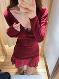 KYLETHOMASW  -  Vintage Burgundy Slim Long Sleeve T-shirt Woman Spring Bandage V-neck Slim Tee Top Casual All-match Preppy Style Cotton Tshirts