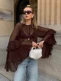 KYLETHOMASW  -  Sexy See-tough Long Sve Me Blouse Casual Sle Faionable Women's Top Loose Fit Chiffon Material Bell Sve