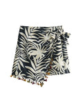 Kylethomasw  Summer Fashion Asymmetric Tassel Mini Skirts Women Vintage Printed Zipper Short Skirt Wrinkle Female Casual Wrap Skirt