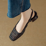 KYLETHOMASW  -  Woven Square-toed High-heeled Sandals Summer Fashionable Skeletonized Leather Fabric Mid-heel Shoes Zapatillas De Mujer
