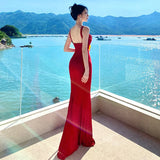 KYLETHOMASW  -  Summer New Hot Selling Bright Suspender Slim Fit Red Vacation Style Design Sense Trailing Long Skirt for Women