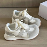 KYLETHOMASW  -  Korean Style Ladies Round Toe Vintage Contrast Sneakers Suede Spliced Flat Gum Sole Lace Up Casual Retro Walking Trainers