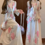 KYLETHOMASW  -  Elegant Floral Print Skirt Set Spring Ruffle V-Neck Lace-up Blouse+A-Line Midi Skirt Women Casual Holiday Two Piece Outfit 273A