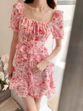 KYLETHOMASW  -  Summer Print Floral Asymmetrical Ruffled Dress Women Square Collar Short Sleeve Slim Pink Korean Dress Party Birthday Dresses