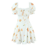 KYLETHOMASW  -  Retro White Flower Bow Ruched Chest Lace Slash Collar Satin Mini Dress Women Short Puff Sleeve Low Waist Swing Dresses Robe