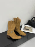 KYLETHOMASW  -  Retro Rivet Belt Buckle Ankle Boots Women Fashion Metal Chain Chunky Heel Designer Boots High Quality Faux Suede Mid Calf Boots