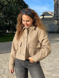 Kylethomasw Pockets Cropped Jacket Woman Spring Streetwear Turn Down Collar Long Sleeve Khaki Short Coat Fashion New Chic Outerwear Tops