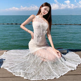 KYLETHOMASW  -  French Luxurious Heavy Craftsmanship Elegant Vacation Evening Dress Women's Lace Off-Shoulder Tulle Backless Long Dress High-end
