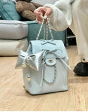 KYLETHOMASW  -  Harajuku Blue Mochila Women 2025 Vintage Leather Chain Bow Mini Backpacks Hot Girls Retro Fashionable Backpack Aesthetic
