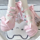 KYLETHOMASW  -  Japanese Vintage Elegant Lolita Style High Heels Women Sweets Cute Round Head Bow Satin Mary Jane Shoes Harajuku Y2k Pink Pumps