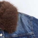 KYLETHOMASW  -  Dark Wash Denim Jacket with Removable Faux Fur Collar Women Cropped Long Sleeve Casual Y2K Korean Fashion Cowboy Coat