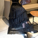 KYLETHOMASW  -  Long Skirts Mesh Ruffles Solid A-line Spring Summer Sweet Women Skirt Elegant Vintage High Waist Faldas Mujer
