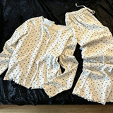 KYLETHOMASW  -  Pajama Set Autumn Korean Style Heart Bow Print Long Sleeve Cute Loungewear Ruffle Trim Button Up Home Sleepwear Korean Style