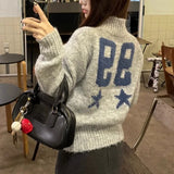 Kylethomasw Half High Neck Fashion All Match Long Sleeve Sweater Women 2025 Spring New Streetwear Contrast Color Digital Embroidery Tops