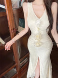 KYLETHOMASW  -  Elegant Dresses Women Flowers Lace Patchwork Sleeveless Halter Slim Split Temperament Party Dress Summer Fashion