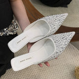 Kylethomasw Sparkling Rhinestone Luxury Slippers for Women Sexy Pointed Toe  Low Heel Slides Fashion Footwear Diamond Dress Sandals Women