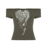 KYLETHOMASW  -  American street one shoulder wing printed short sleeved crop top T-shirt, spicy girl slim fit versatile casual top
