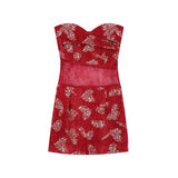 Kylethomasw Vintage Floral Print Sexy Mini Dress Patchwork Transparent Mesh Sheath Strapless Dress Red Party Club Birthday Dress New
