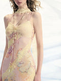 KYLETHOMASW  -  Irregular Lace Patchwork Design Stunning Printed Camisole Dress Summer French Style Sweet Slimmin Long Dress for Women
