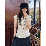KYLETHOMASW  -  Harajuku Irregular Shirts Women Vintage Cropped Short Sleeve Blouses Summer Ladies Korean Single Breasted Casual Tops New