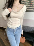 KYLETHOMASW  -  French Women Beige V-neck Holiday Cotton Sweater Autumn Pink Long Sleeve Knitted Pullover Tops Fashion 2024 Clothing Streetwear 