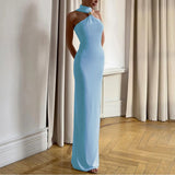 KYLETHOMASW  -  Sexy Off Shoulder Solid Color Temperament Evening Dress High-end Sleeveless Dress Hot Women Fashion Sleeveless Halter Long Dress