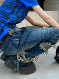 KYLETHOMASW  -  American High Street Washed Patchwork Jeans Vintage New Hole Denim Pants Fashion High Waist Loose Wide Leg Pants