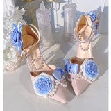 KYLETHOMASW  -  Sweet Pink Floral Pearl Strap High Heel Sandals Woman Summer Rose Ankle Strap Bridal Lolita Wedding Shoes Party Shoes