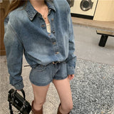 Kylethomasw Autumn New Streetwear Washed Distressed Denim Loose Long-sleeved Shirt Women + Casual Straight Pants Two-piece Suit