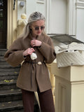 KYLETHOMASW  -  Vintage Wool Women Mid Coat Elegant Long Sleeve Belt Turn-down Collar Patchwork Female Jacket 2025 Autumn Winter Lady Outwear