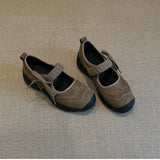 KYLETHOMASW  -  Matte Leather Mary Jane Sports Casual Shoes Women Thick Bottom Strap Brown Simple Laced Low Cut Single Shoes Leisure Footwear