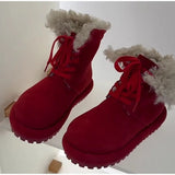 KYLETHOMASW  -  Women Blue Platform Snow Boots Faux Suede Curly Fur Lined Winter Lace Up Ankle Boots Thick Sole Warm Non Slip Fashion Boots
