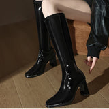 KYLETHOMASW  -  Thick Heel Women Knee High Boots Fashion Silvery Square Toe Autumn Winter Ladies Elegant Mordern Knight Long Booties